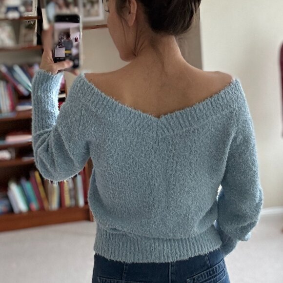 NWT! J. Crew Blue Off-the-Shoulder Sweater Relaxed Fit - Picture 4 of 12